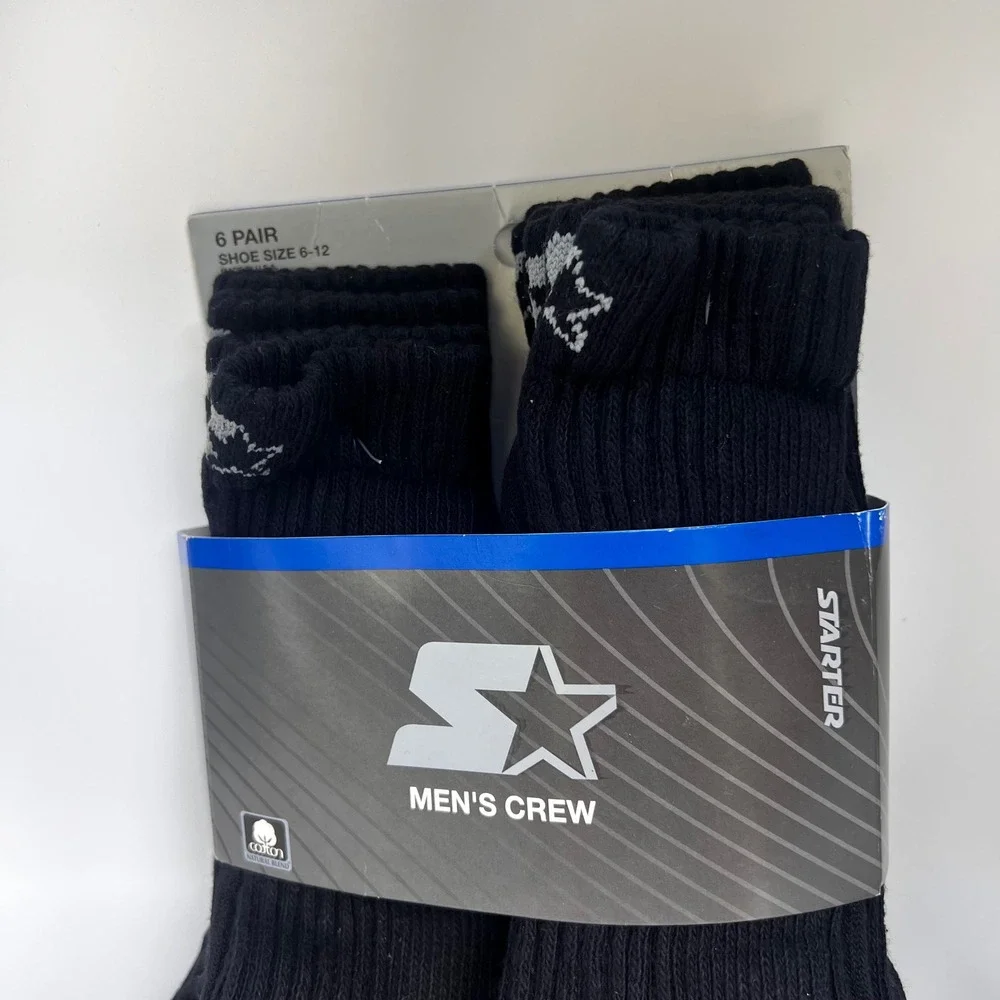 Starter Mens Crew Socks 6 Pair Black Shoe Size 6-12 Athletic Cotton Blend NEW